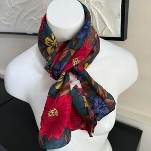 Korean made Silk floral scarf in‎ green, red, and blue hues accessories 10"x54"